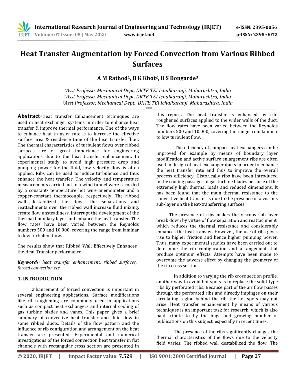 Heat Transfer Augmentation by Forced Convection from Various Ribbed Surfaces