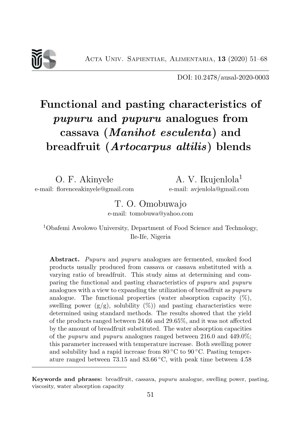 Functional and Pasting Characteristics of Pupuru and Pupuru Analogues from Cassava (Manihot Esculenta) and Breadfruit (Artocarpus Altilis) Blends