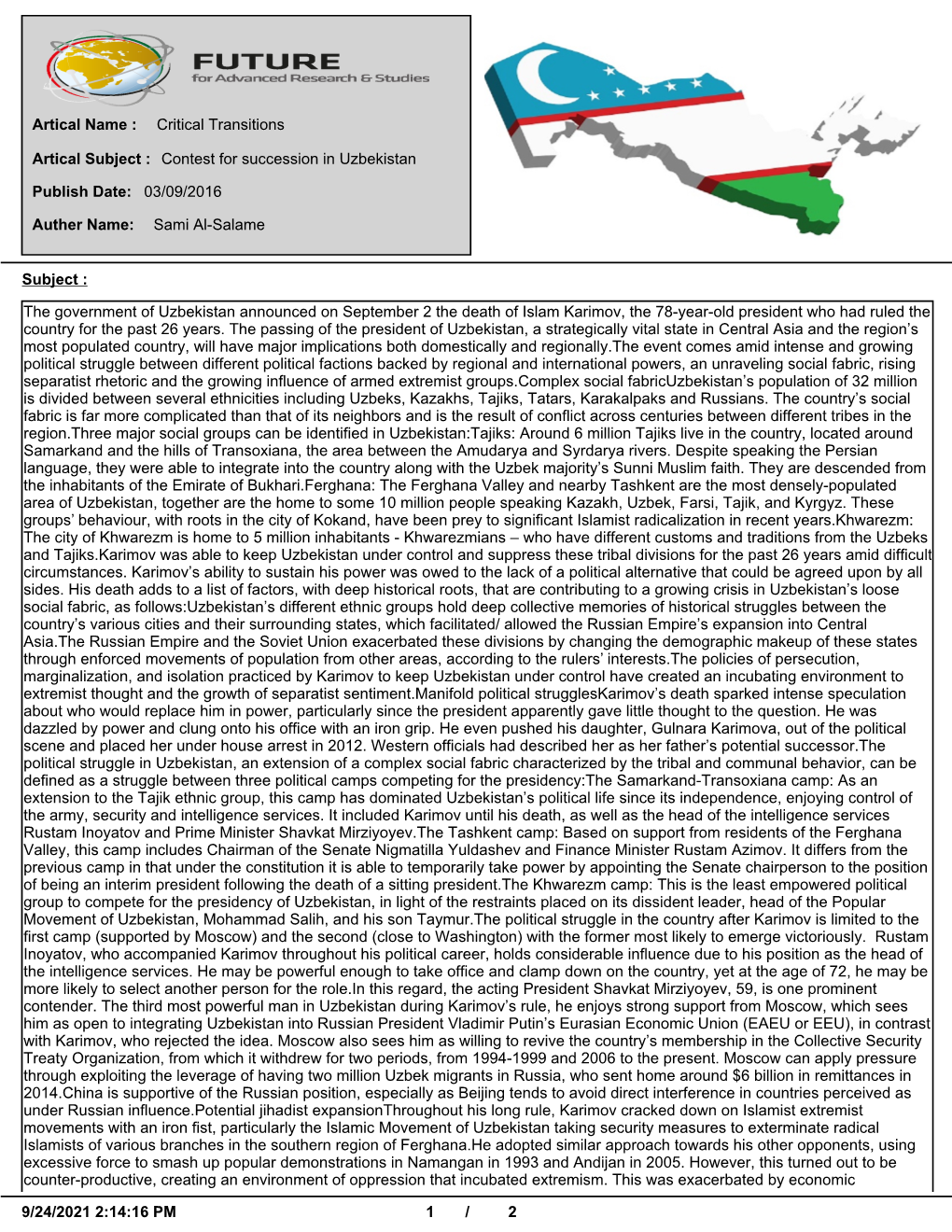 Critical Transitions Artical Name : Contest for Succession In