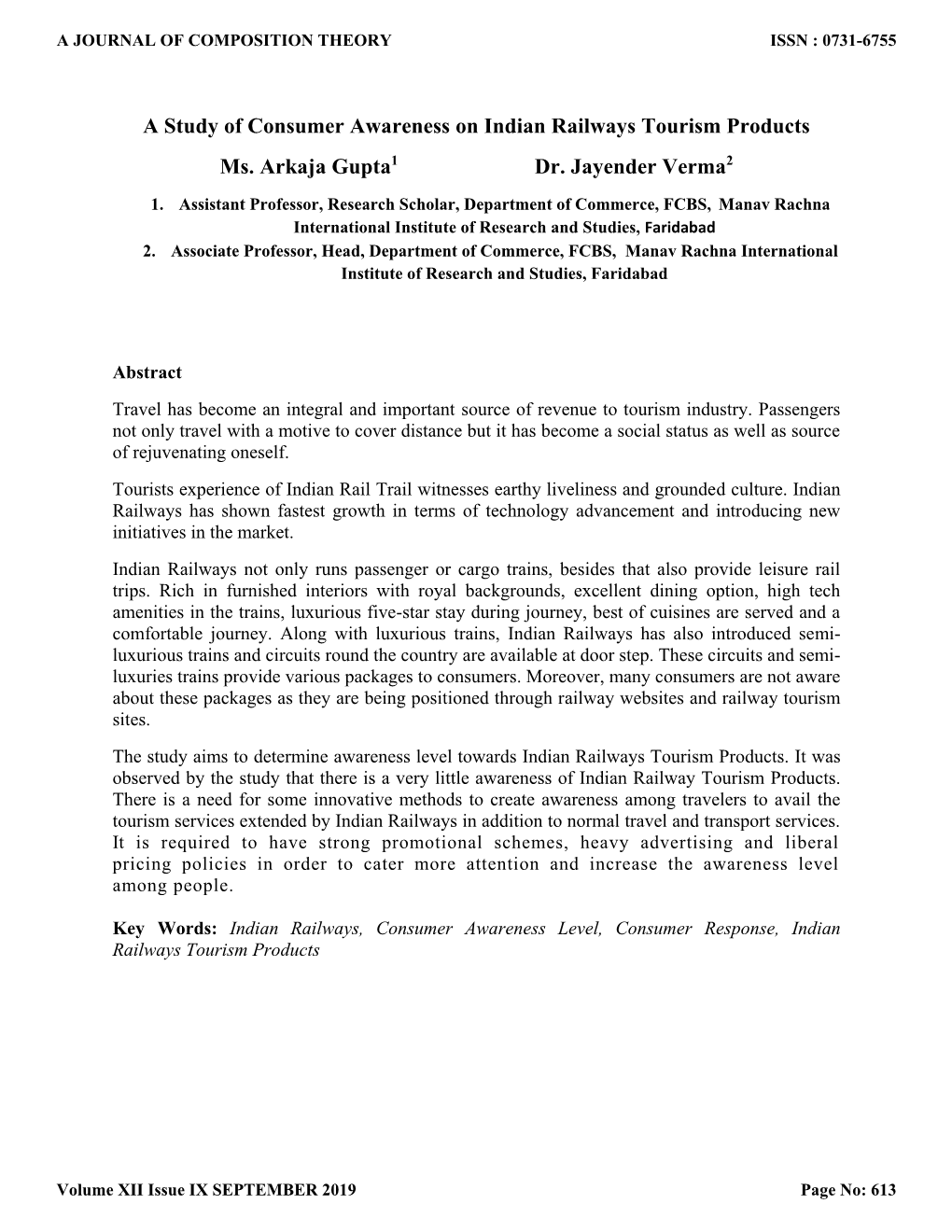 A Study of Consumer Awareness on Indian Railways Tourism Products Ms