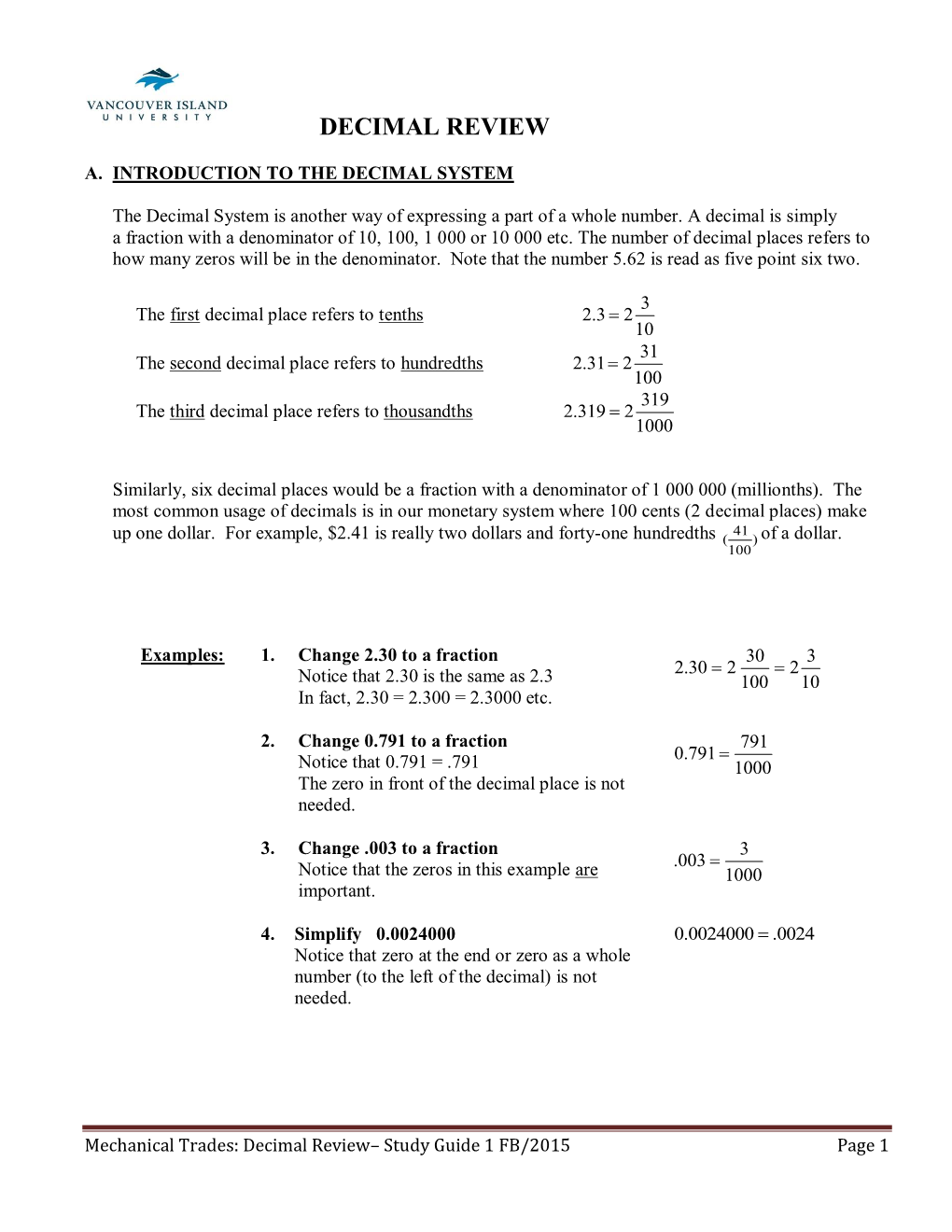 1 Decimal Review