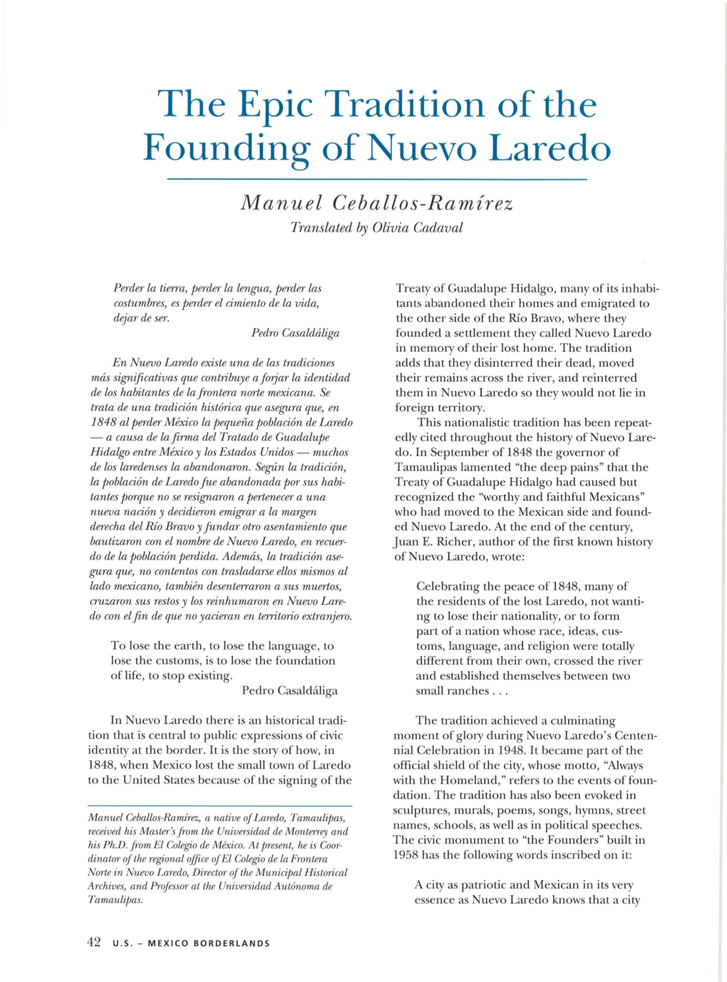 The Epic Tradition of the Founding of Nuevo Laredo