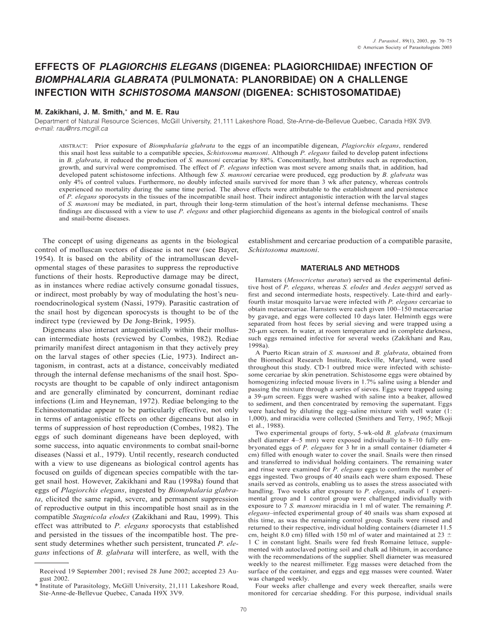 Digenea: Plagiorchiidae) Infection of Biomphalaria Glabrata (Pulmonata: Planorbidae) on a Challenge Infection with Schistosoma Mansoni (Digenea: Schistosomatidae