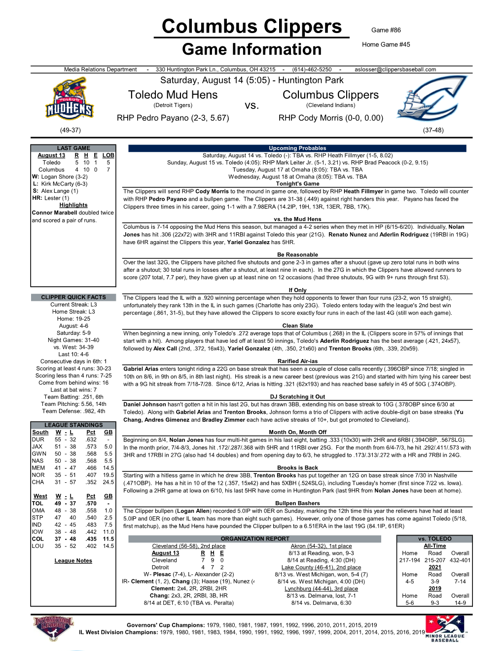 Columbus Clippers Game #86 Game Information Home Game #45