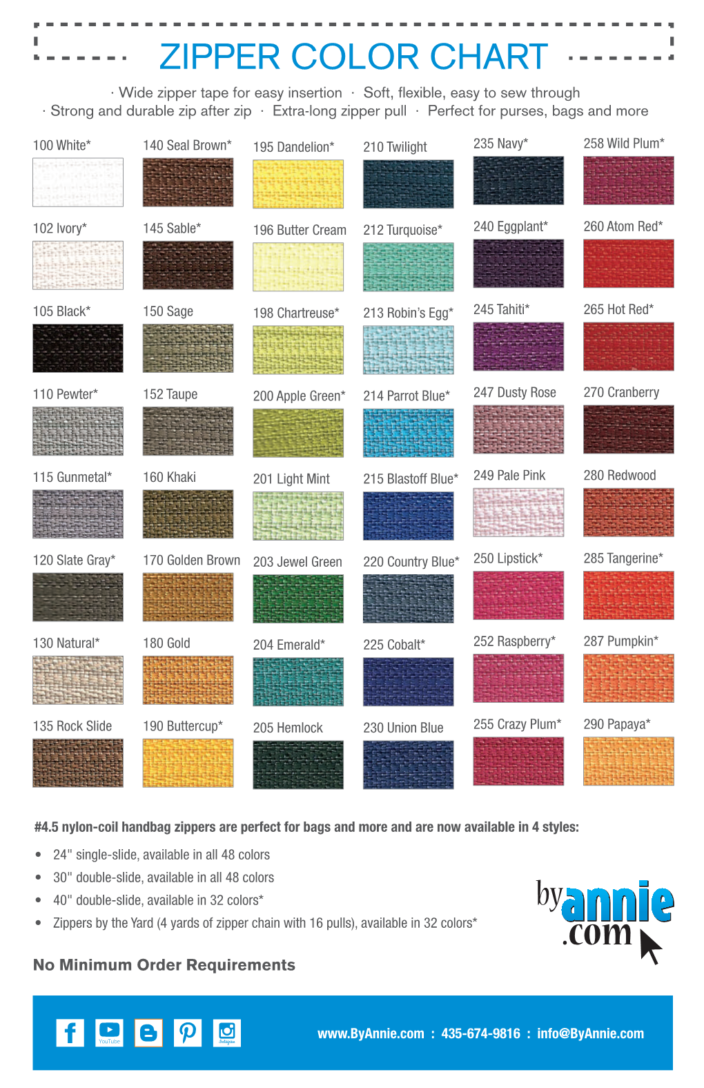 Zipper Color Chart