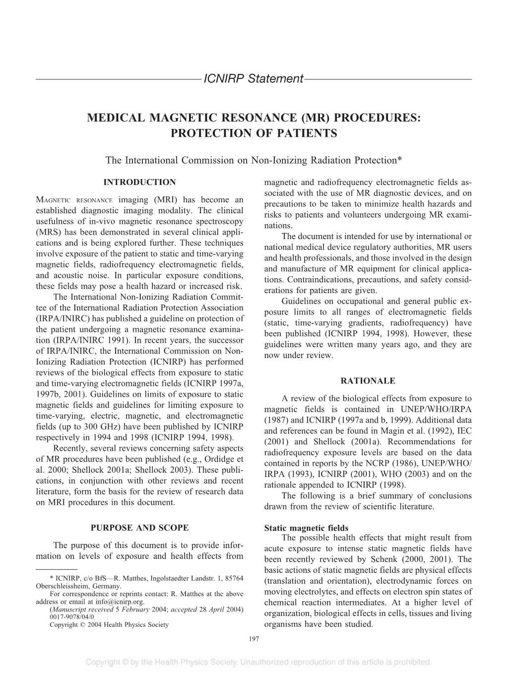 ICNIRP Statement MEDICAL MAGNETIC RESONANCE (MR)