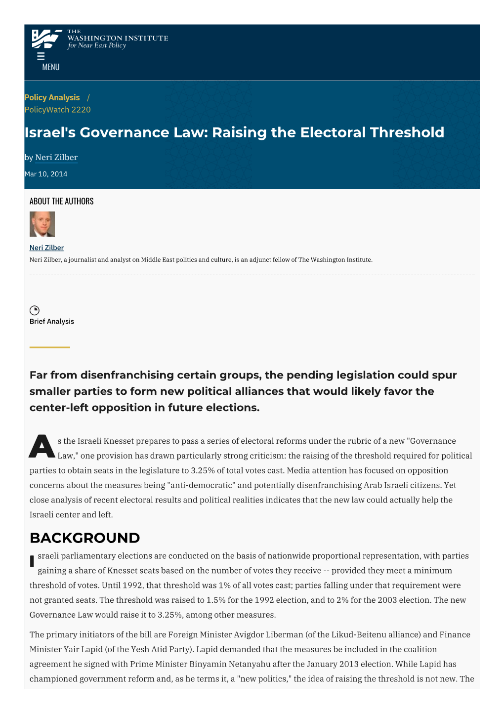 Israel's Governance Law: Raising the Electoral Threshold by Neri Zilber