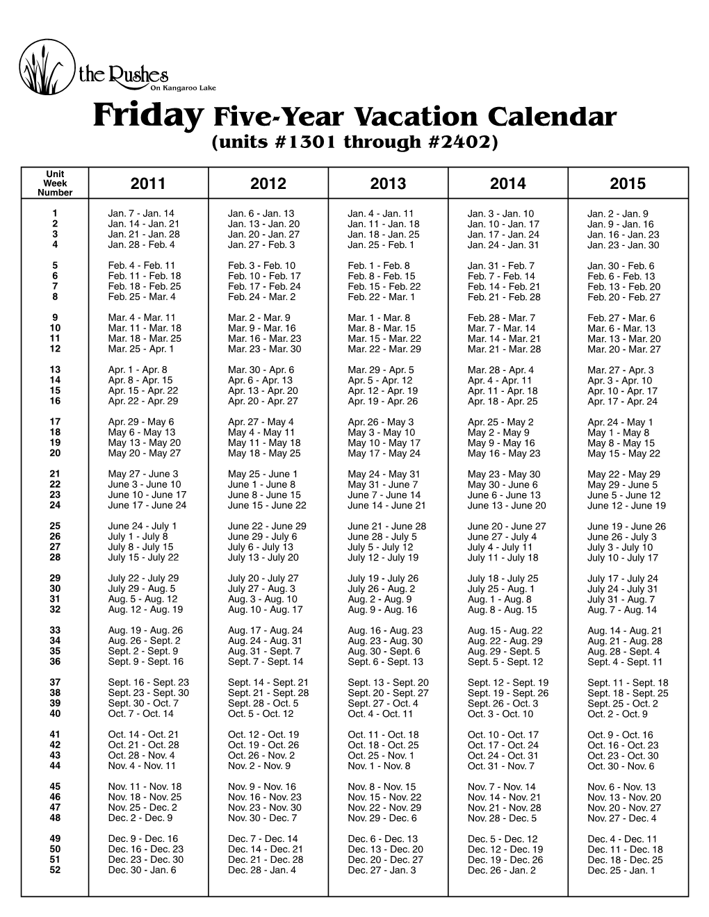 Friday Five-Year Vacation Calendar (Units #1301 Through #2402)