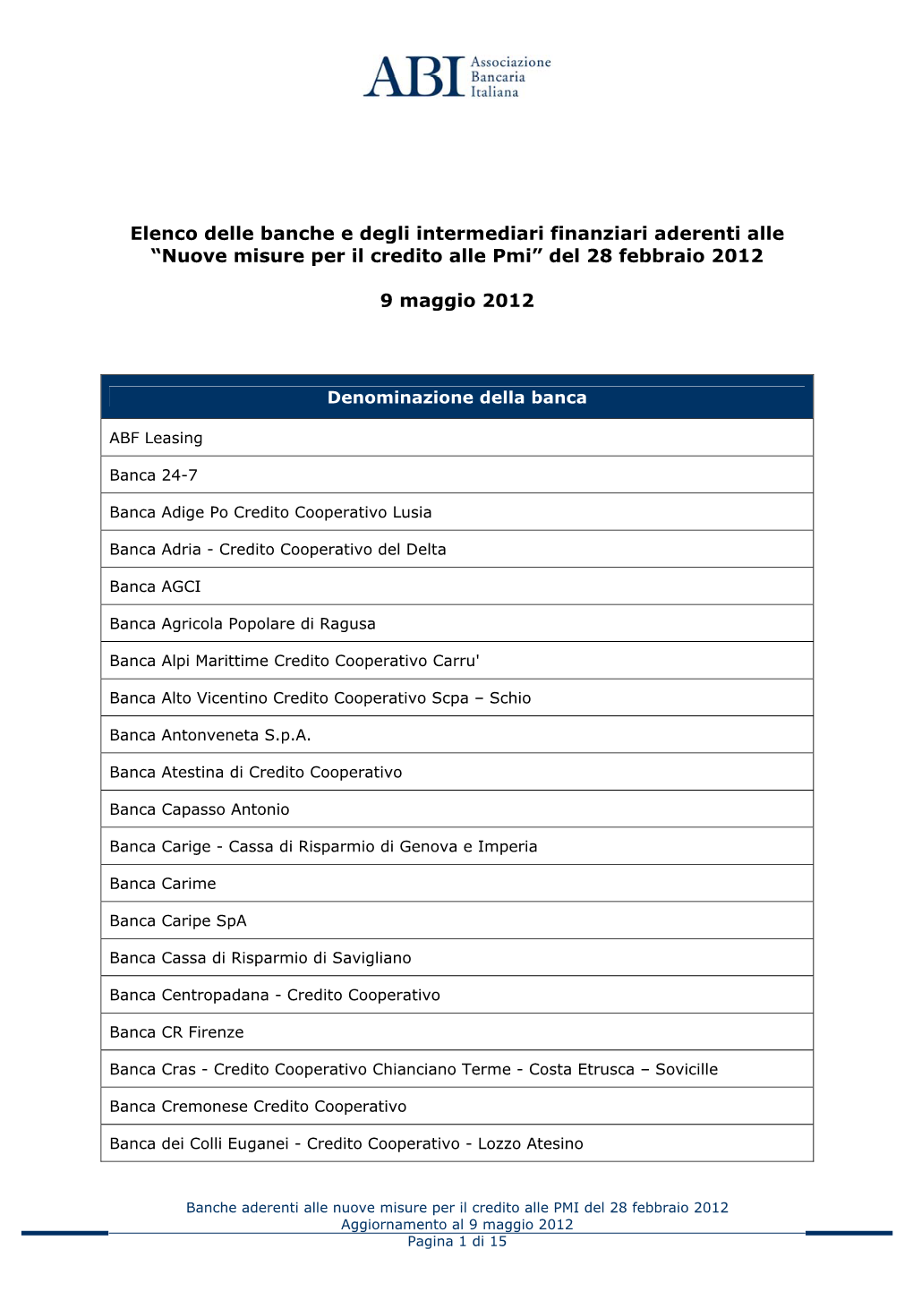 Elenco Delle Banche E Degli Intermediari Finanziari Aderenti Alle “Nuove Misure Per Il Credito Alle Pmi” Del 28 Febbraio 2012