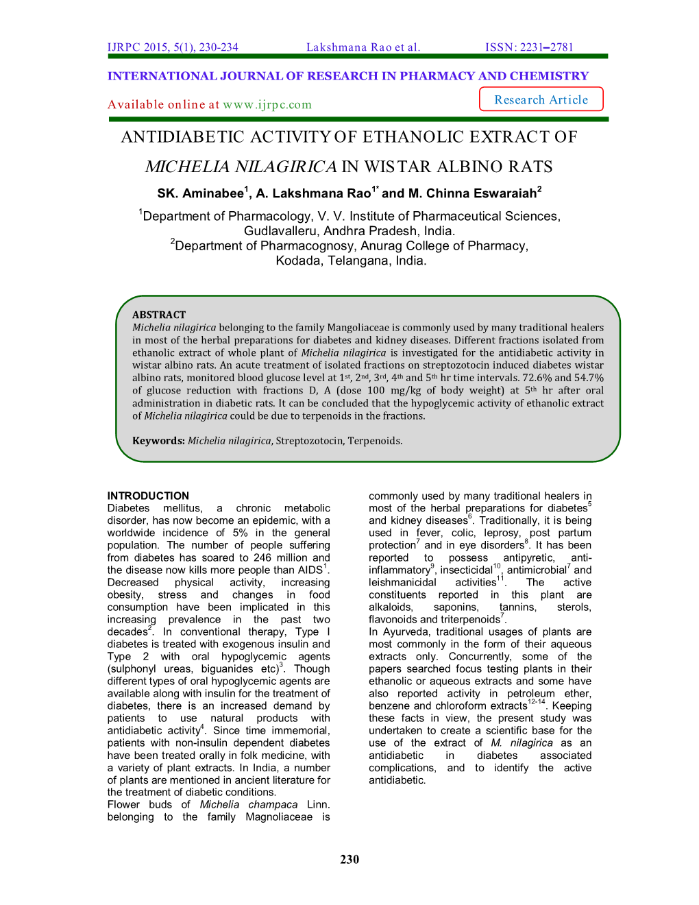 Antidiabetic Activity of Ethanolic Extract of Michelia Nilagirica in Wistar Albino Rats Sk