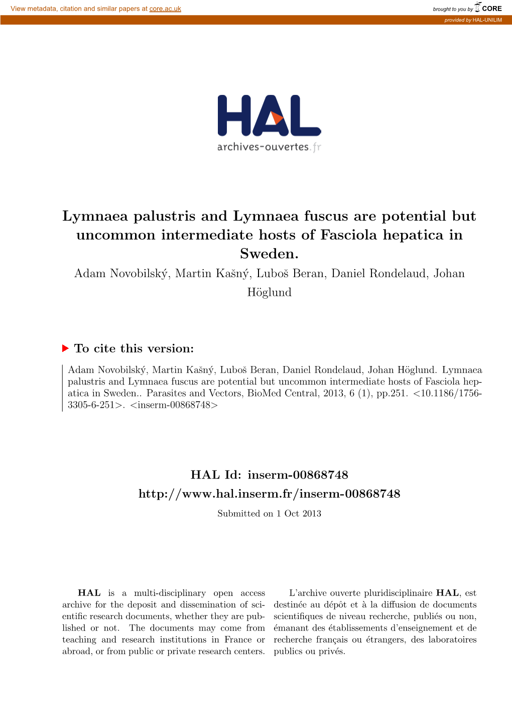 Lymnaea Palustris and Lymnaea Fuscus Are Potential but Uncommon Intermediate Hosts of Fasciola Hepatica in Sweden