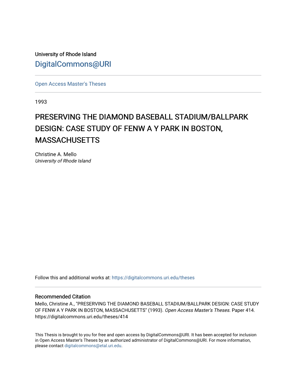 Preserving the Diamond Baseball Stadium/Ballpark Design: Case Study of Fenw a Y Park in Boston, Massachusetts