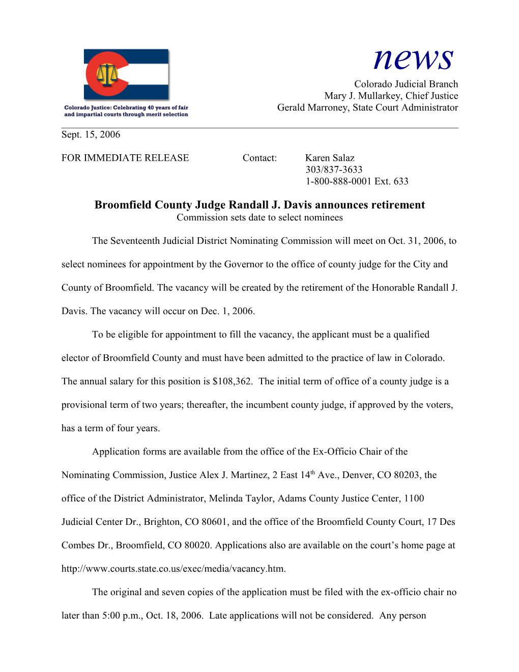 Broomfield County Judge Randall J. Davis Announces Retirement