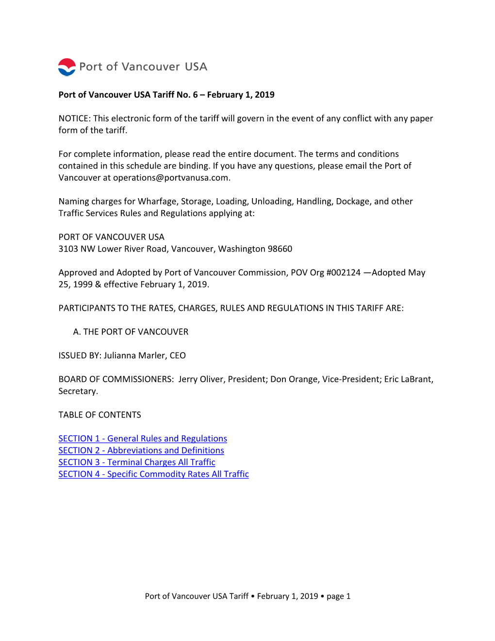 Port of Vancouver USA Tariff No. 6 – February 1, 2019 NOTICE: This