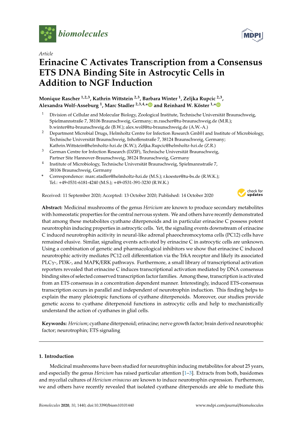 Erinacine C Activates Transcription from a Consensus ETS DNA Binding Site in Astrocytic Cells in Addition to NGF Induction