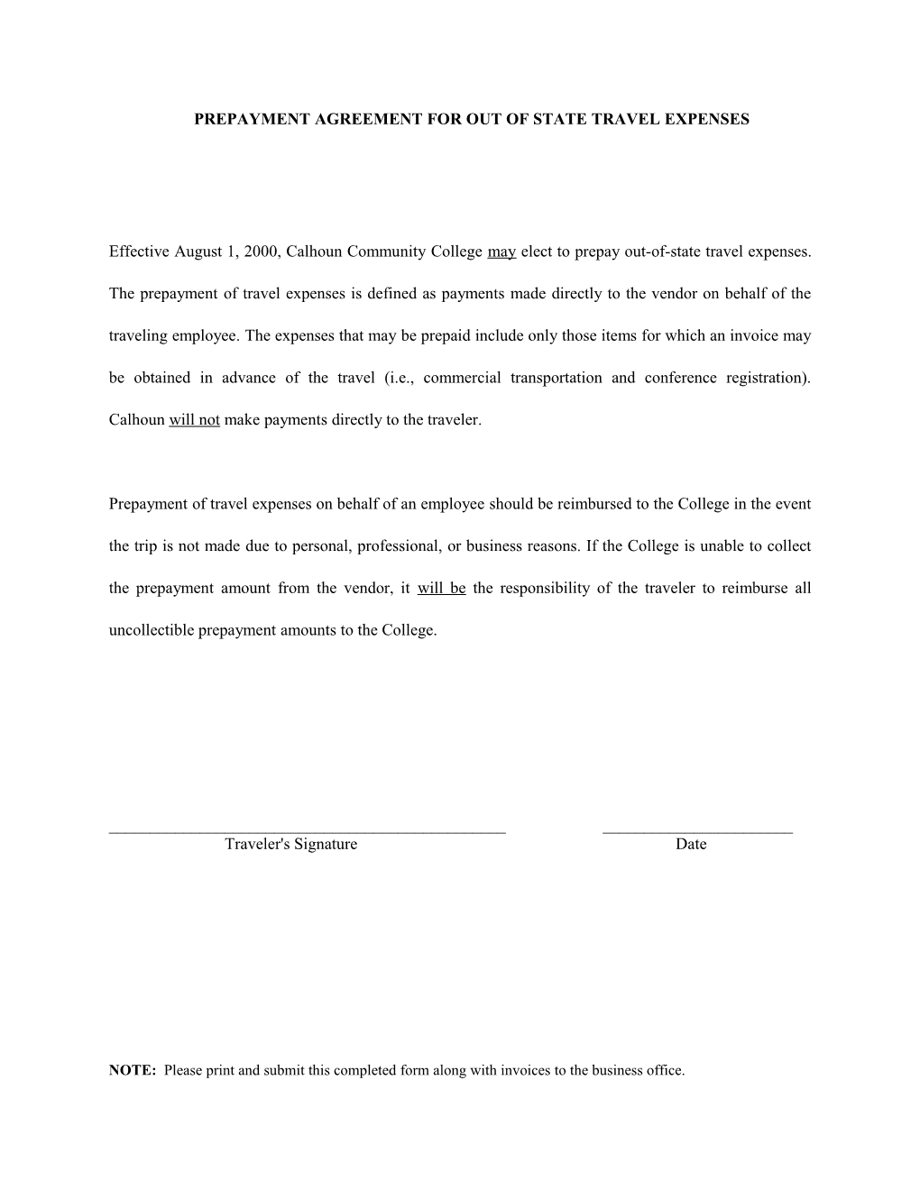 Prepayment Agreement for out of State Travel Expenses