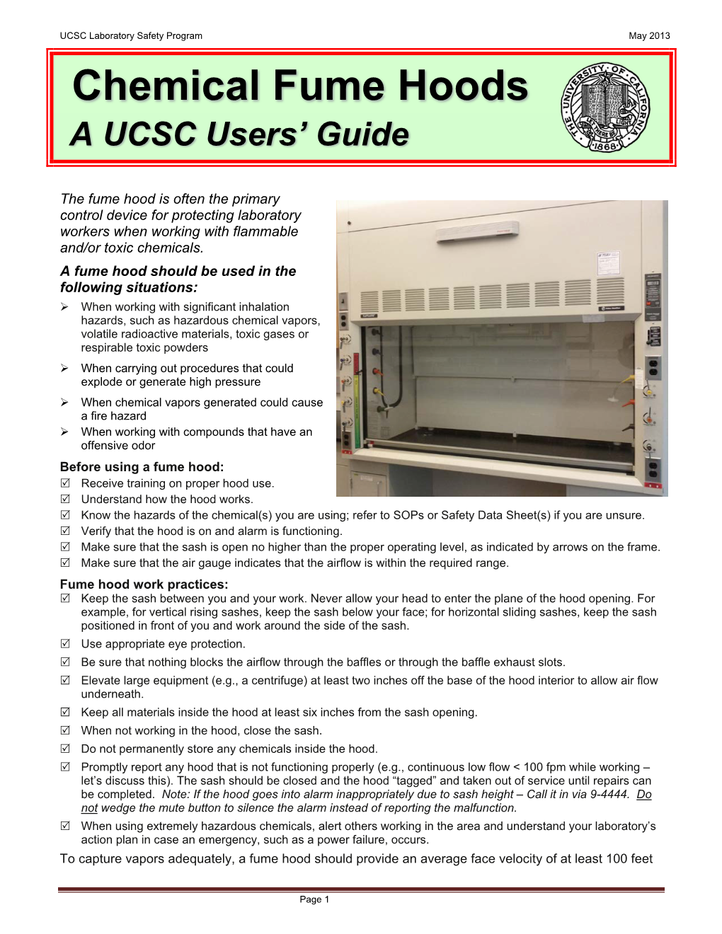 Chemical Fume Hoods a UCSC Users’ Guide