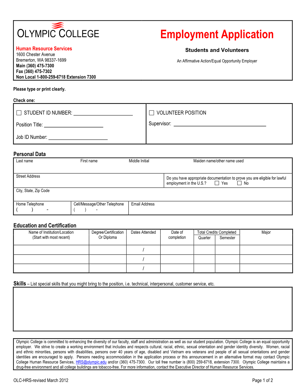 Student Employment Application