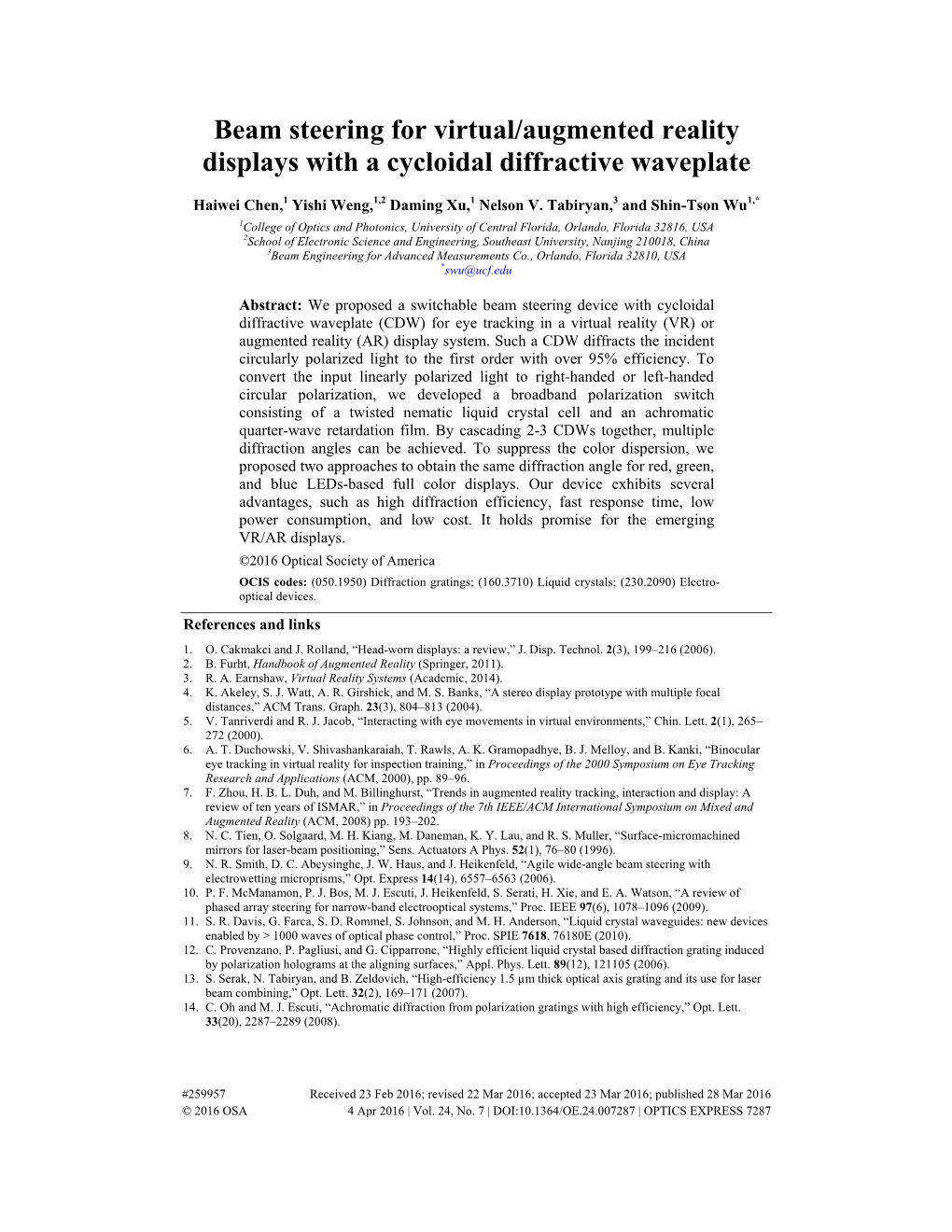 Beam Steering for Virtual/Augmented Reality Displays with a Cycloidal Diffractive Waveplate