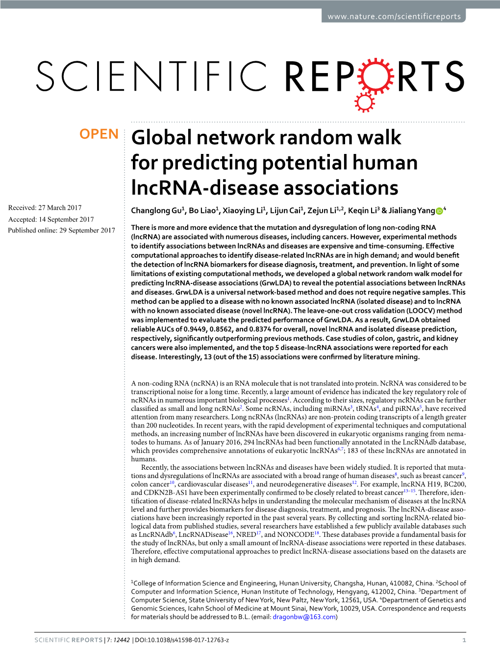 Global Network Random Walk for Predicting Potential Human Lncrna