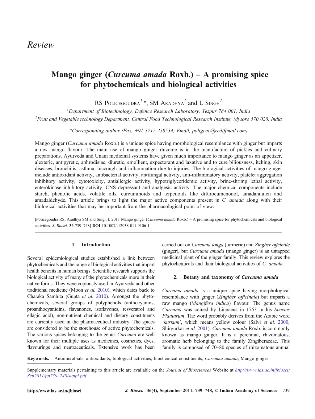 Mango Ginger (Curcuma Amada Roxb.) – a Promising Spice for Phytochemicals and Biological Activities