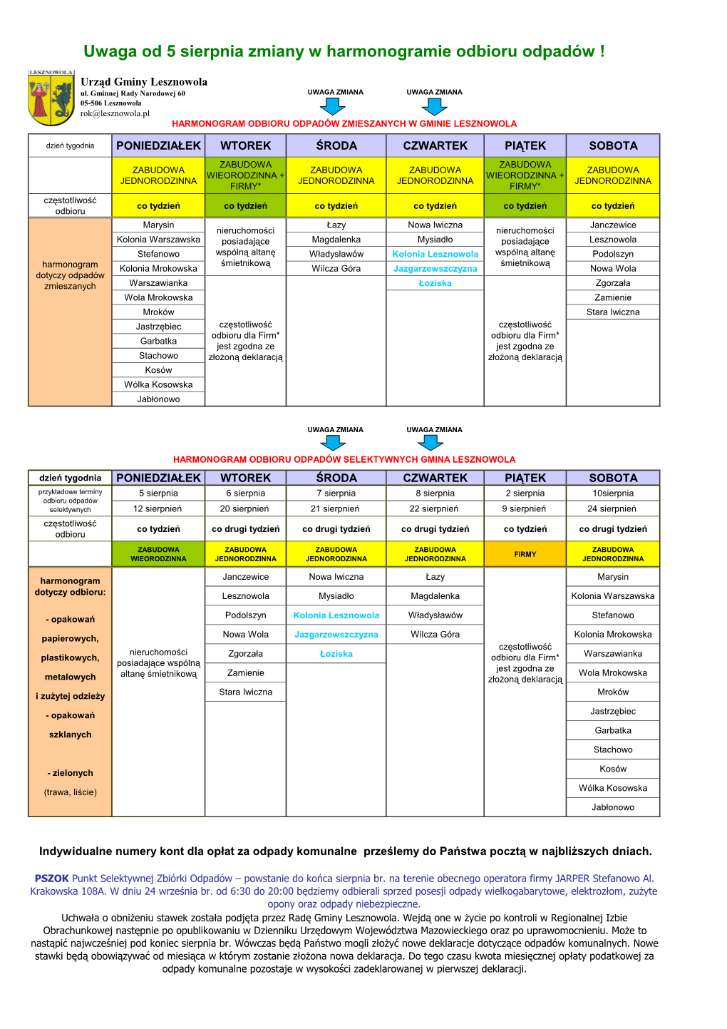 Uwaga Od 5 Sierpnia Zmiany W Harmonogramie Odbioru Odpadów !