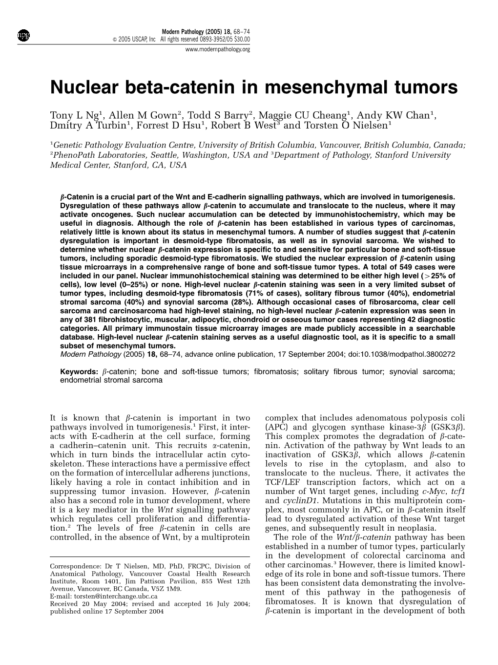 Nuclear Beta-Catenin in Mesenchymal Tumors