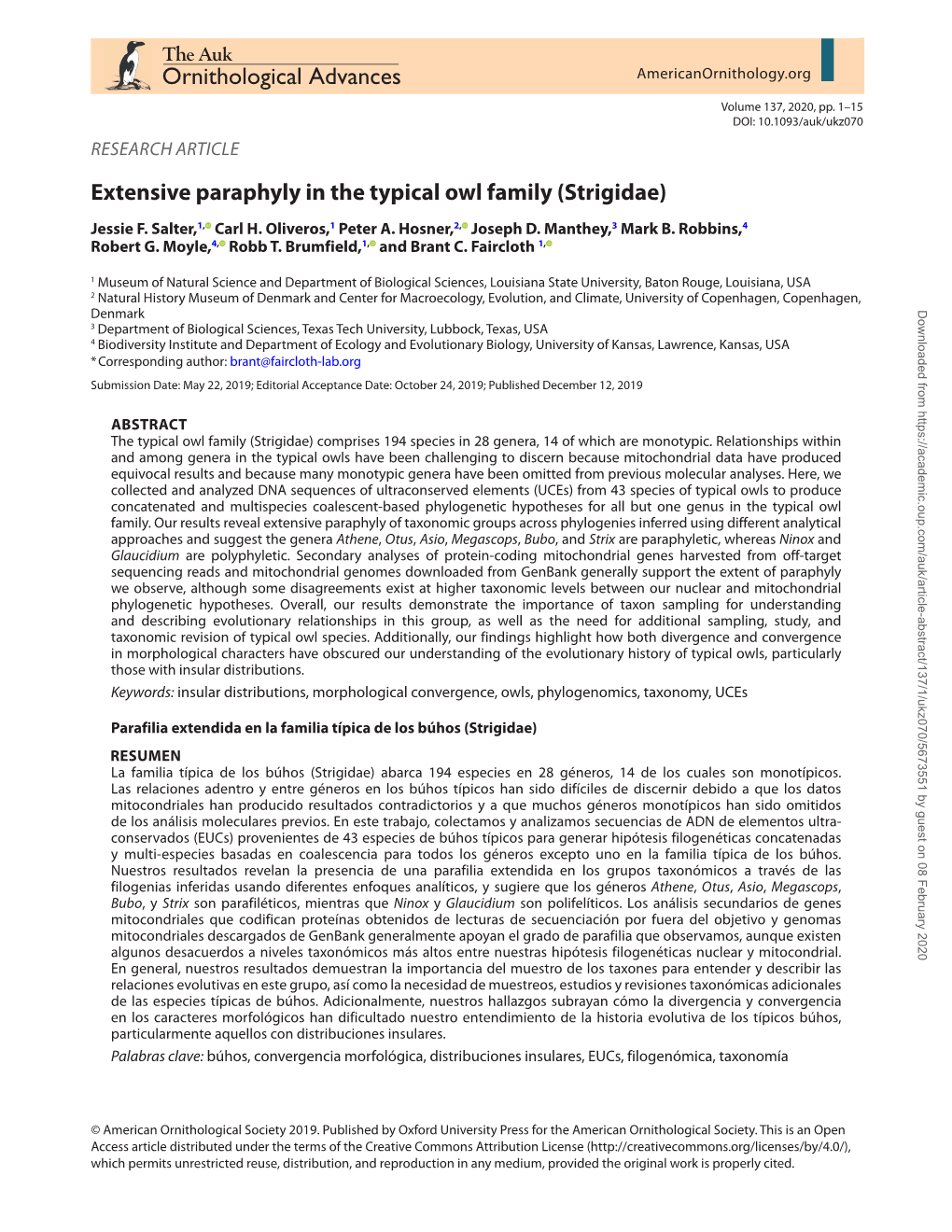 Extensive Paraphyly in the Typical Owl Family (Strigidae) Jessie F