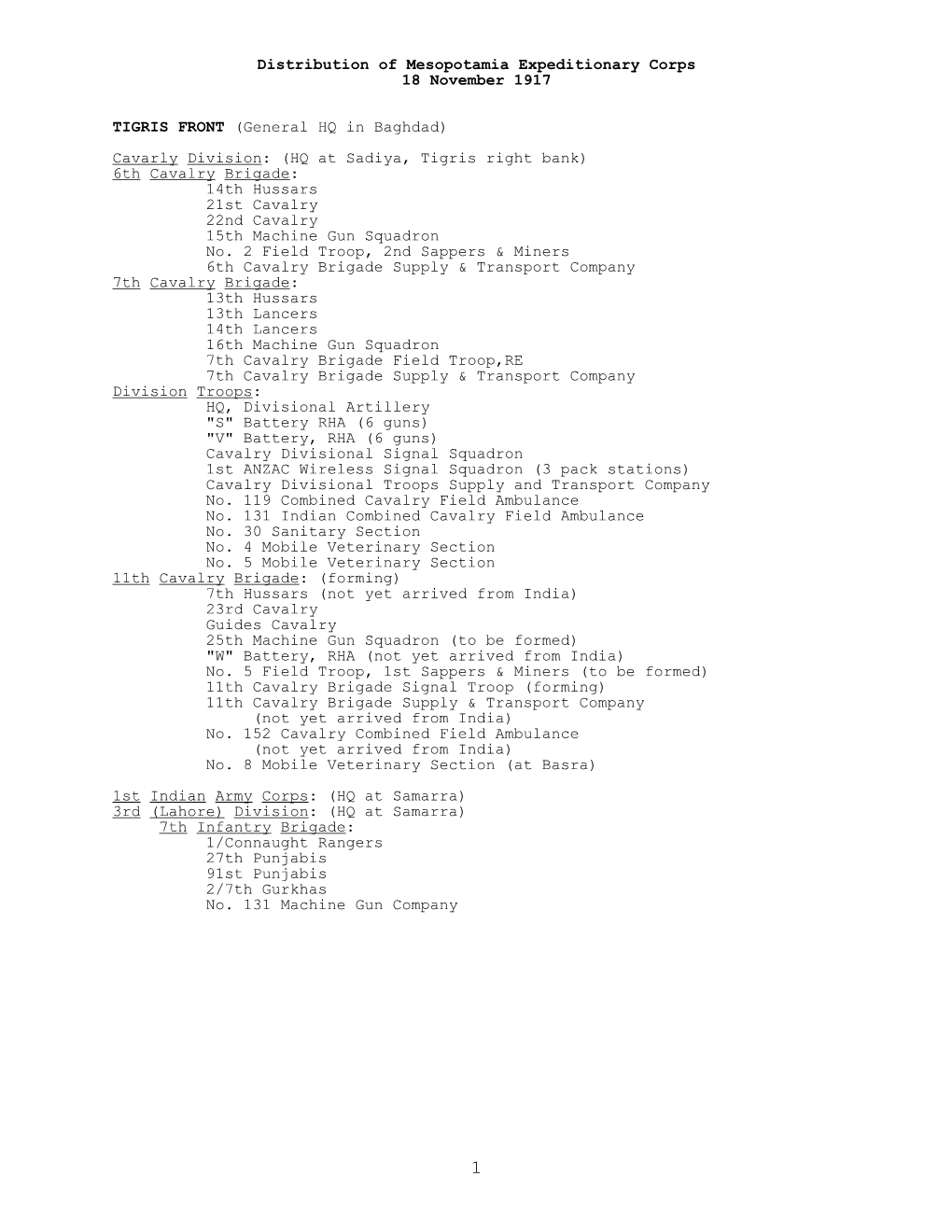 Distribution of Mesopotamia Expeditionary Corps, 18 November 1917