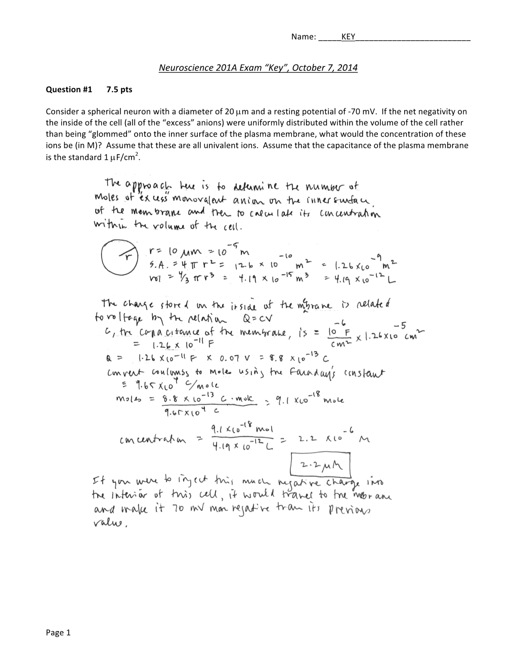 Neuroscience 201A Exam “Key”, October 7, 2014