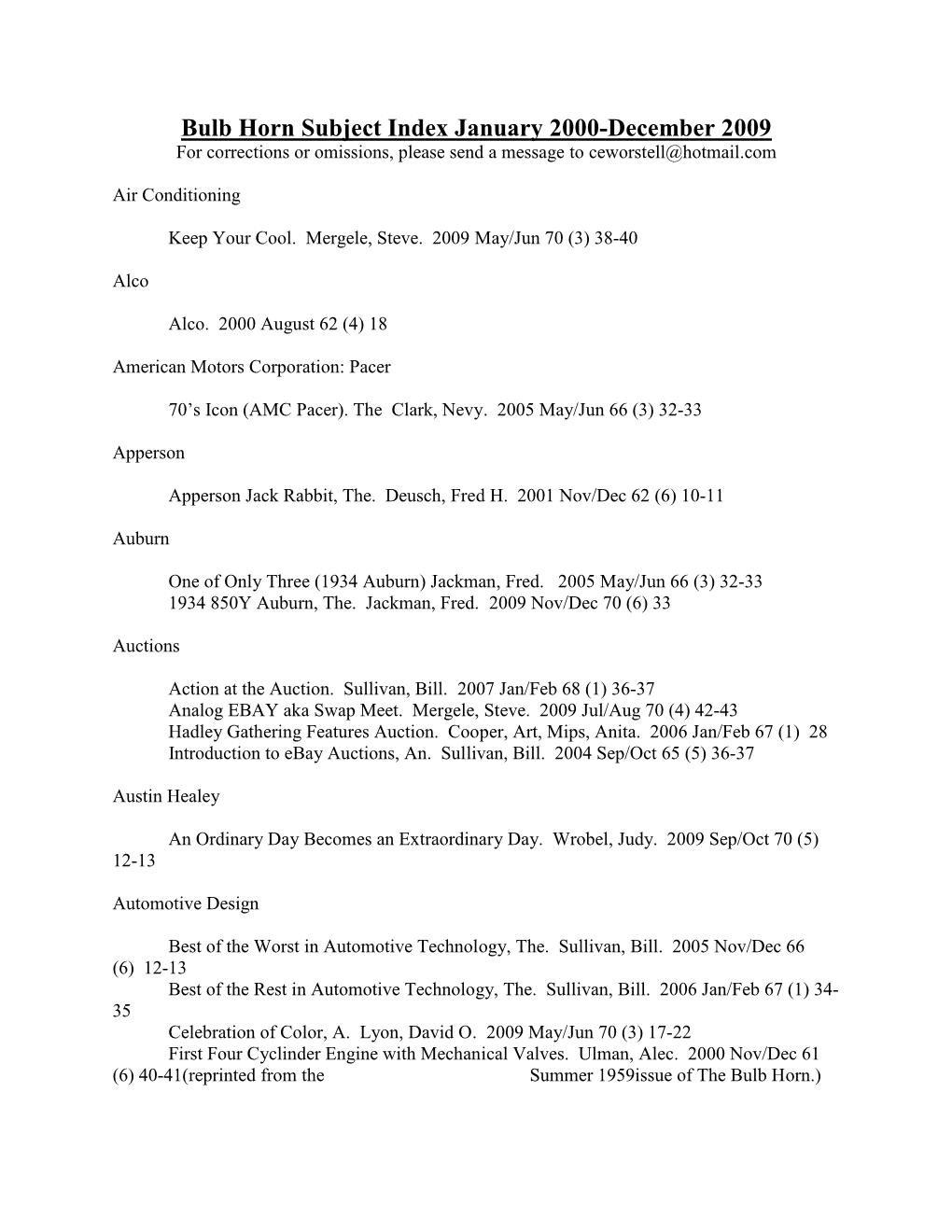 Subject Index January 2000-December 2009 for Corrections Or Omissions, Please Send a Message to Ceworstell@Hotmail.Com