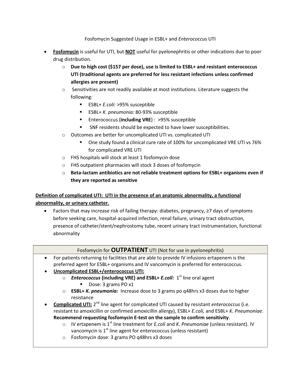 Usage Criteria for Fosfomycin In