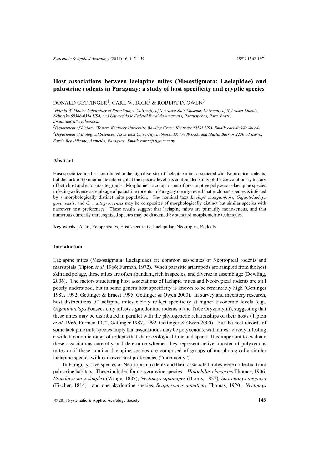 Mesostigmata: Laelapidae) and Palustrine Rodents in Paraguay: a Study of Host Specificity and Cryptic Species