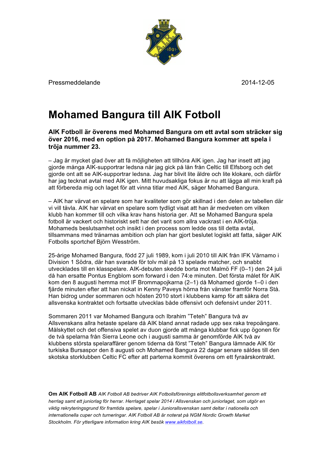 Mohamed Bangura Till AIK Fotboll