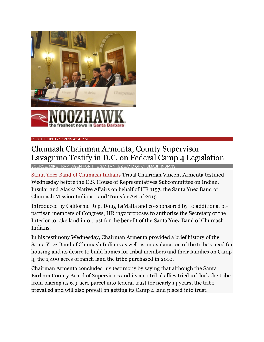 Chumash Chairman Armenta, County Supervisor Lavagnino Testify in D.C. on Federal Camp 4