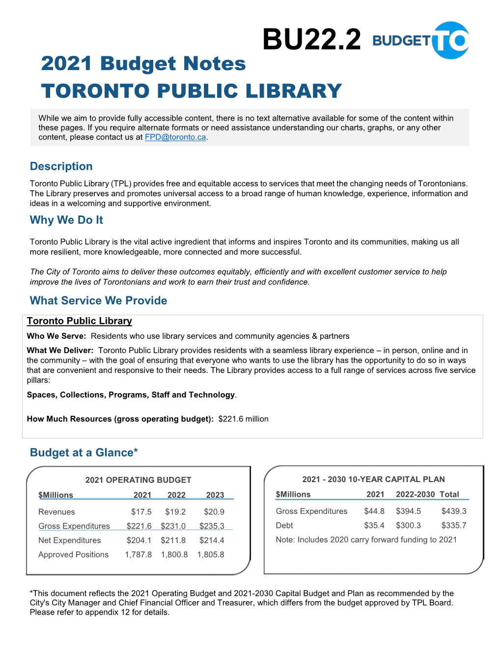 2021 Budget Notes TORONTO PUBLIC LIBRARY