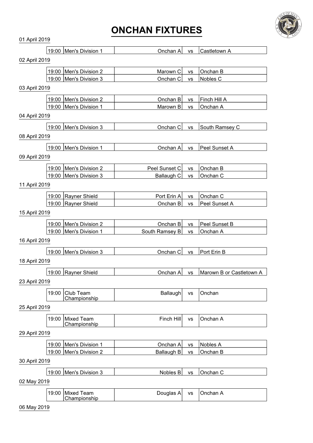 ONCHAN FIXTURES 01 April 2019