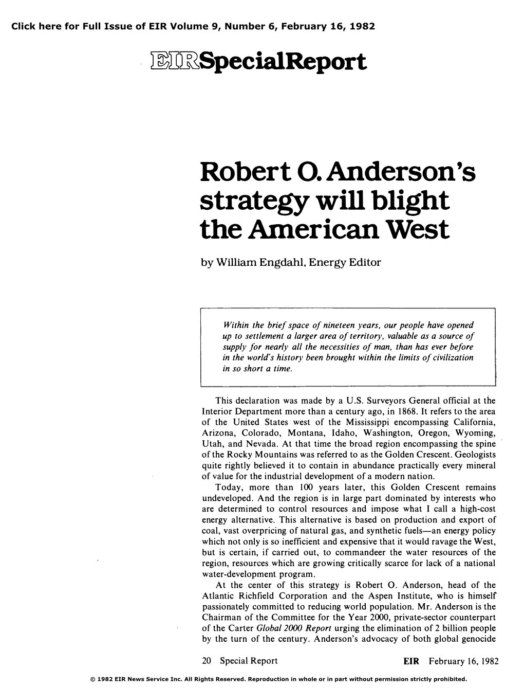 Robert 0. Anderson's Strategy Will Blight the American West