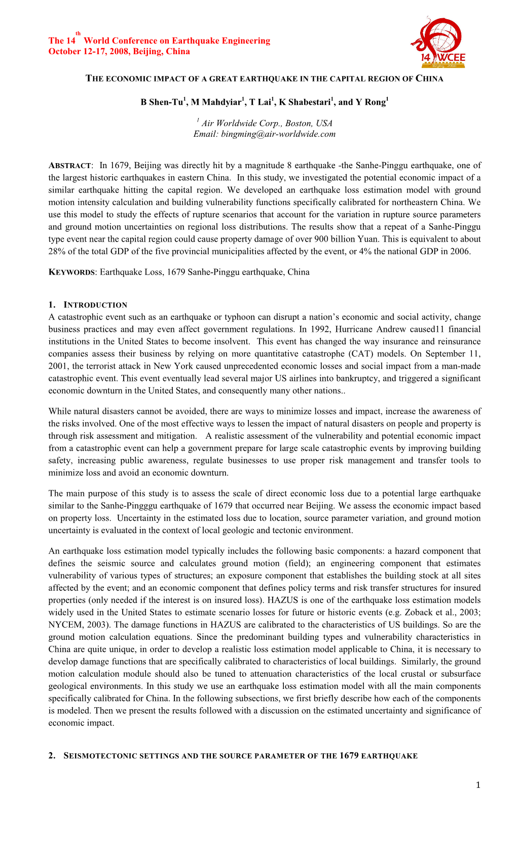 The 14 World Conference on Earthquake Engineering October 12-17, 2008, Beijing, China