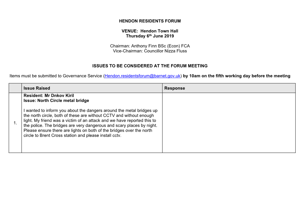 HENDON RESIDENTS FORUM VENUE: Hendon Town Hall