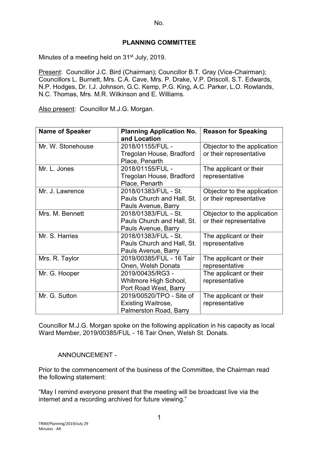 No. 1 PLANNING COMMITTEE Minutes of a Meeting Held on 31St