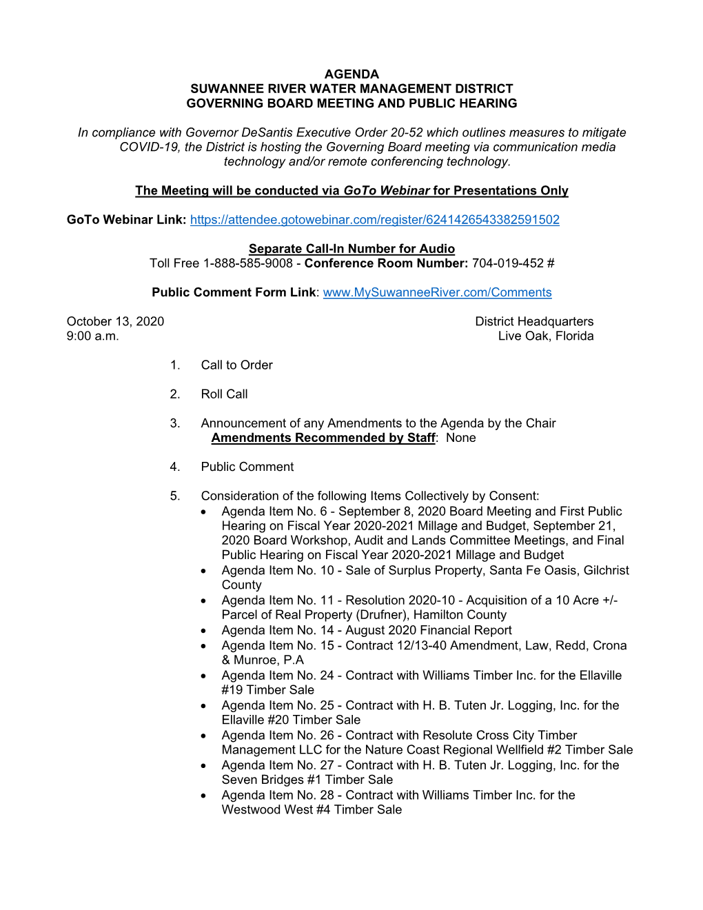 AGENDA SUWANNEE RIVER WATER MANAGEMENT DISTRICT GOVERNING BOARD MEETING and PUBLIC HEARING in Compliance with Governor Desantis