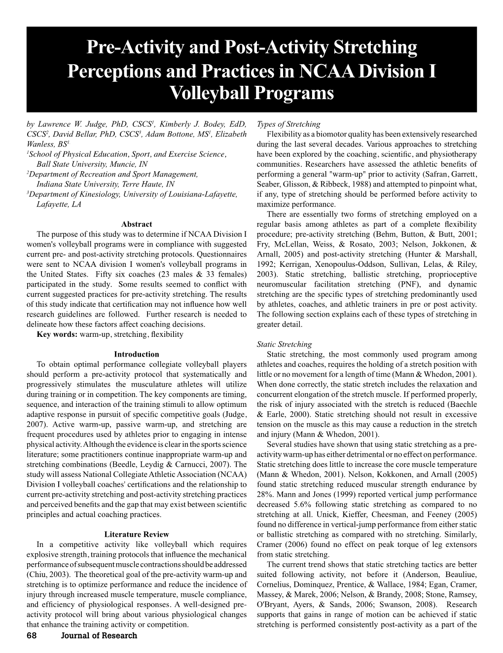 Pre-Activity and Post-Activity Stretching Perceptions and Practices in NCAA Division I Volleyball Programs by Lawrence W