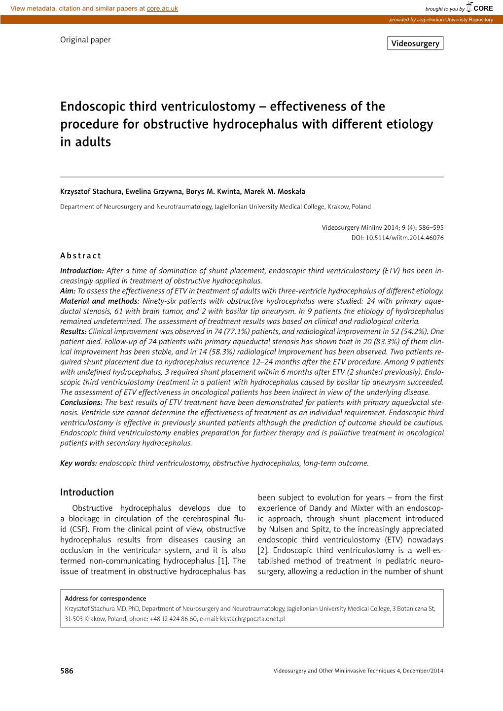 Endoscopic Third Ventriculostomy – Effectiveness of the Procedure for Obstructive Hydrocephalus with Different Etiology in Adults