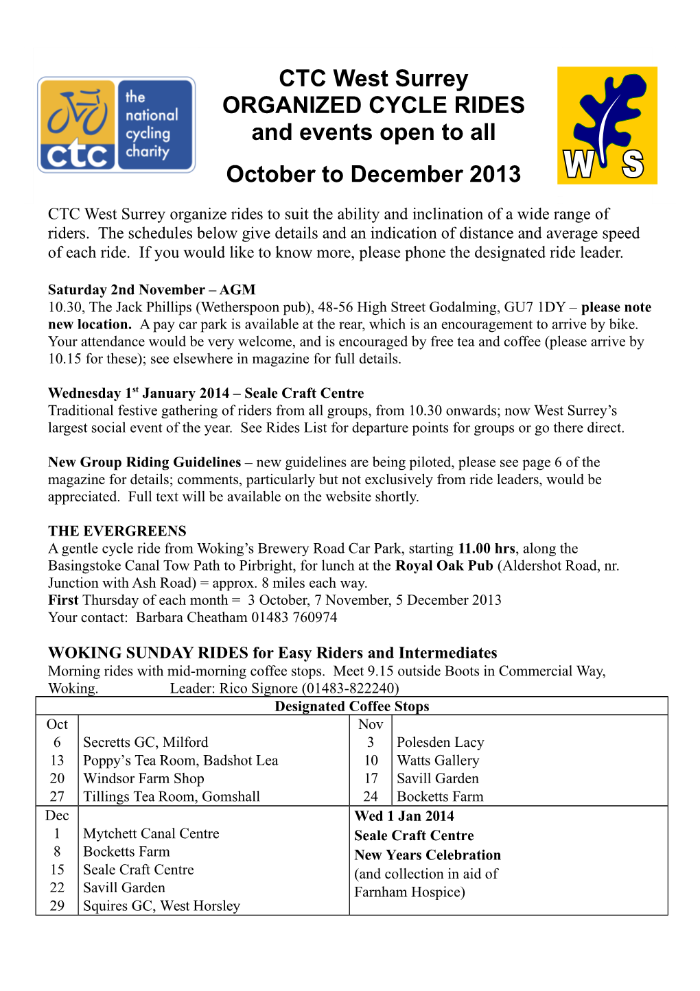 CTC West Surrey ORGANIZED CYCLE RIDES and Events Open to All October to December 2013