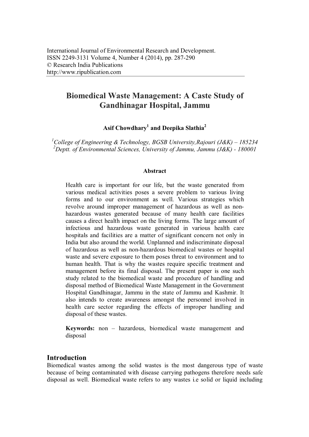 Biomedical Waste Management: a Caste Study of Gandhinagar Hospital, Jammu