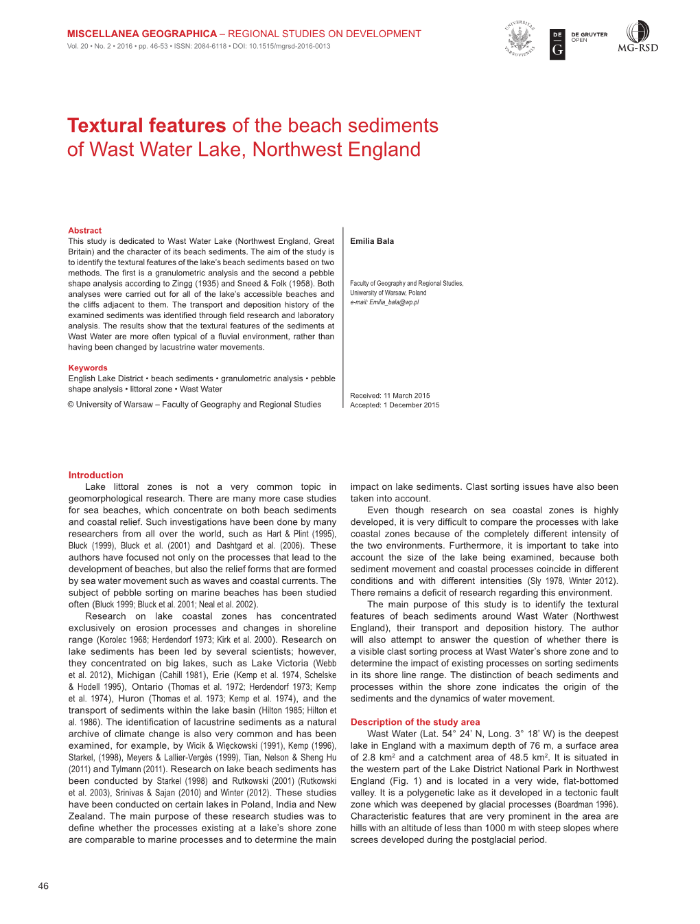 Textural Features of the Beach Sediments of Wast Water Lake, Northwest England