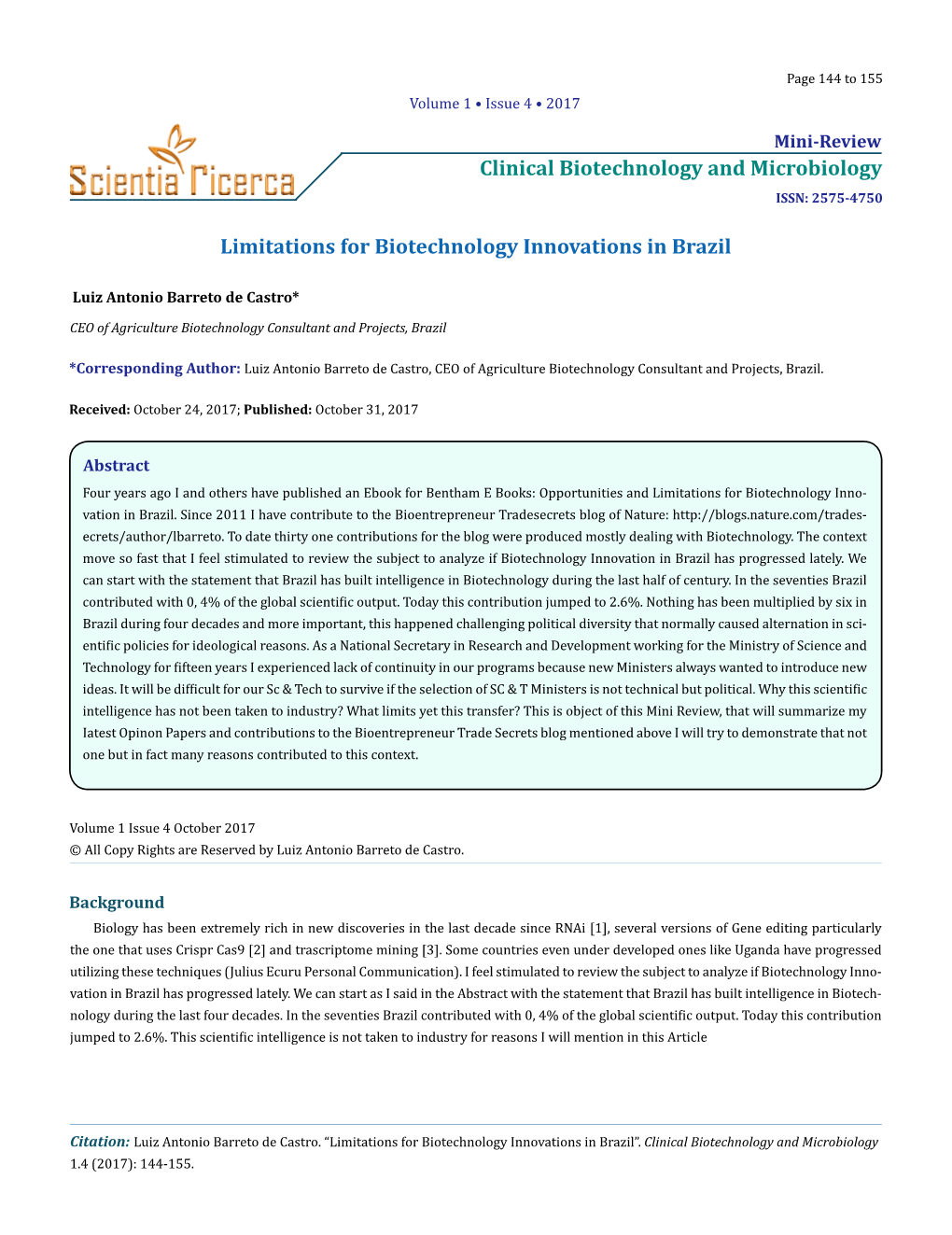 Clinical Biotechnology and Microbiology ISSN: 2575-4750