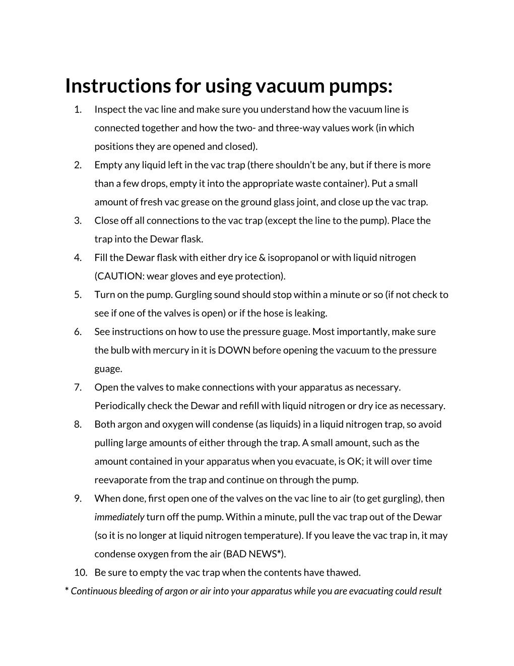 Instructions for Using Vacuum Pumps: 1