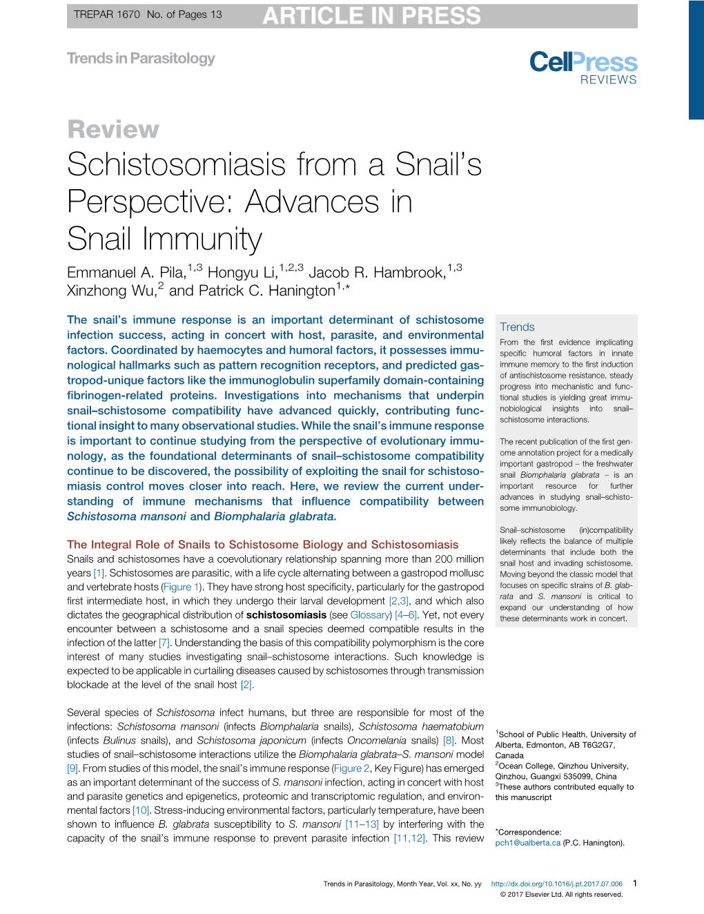 Schistosomiasis from a Snail's Perspective: Advances in Snail Immunity